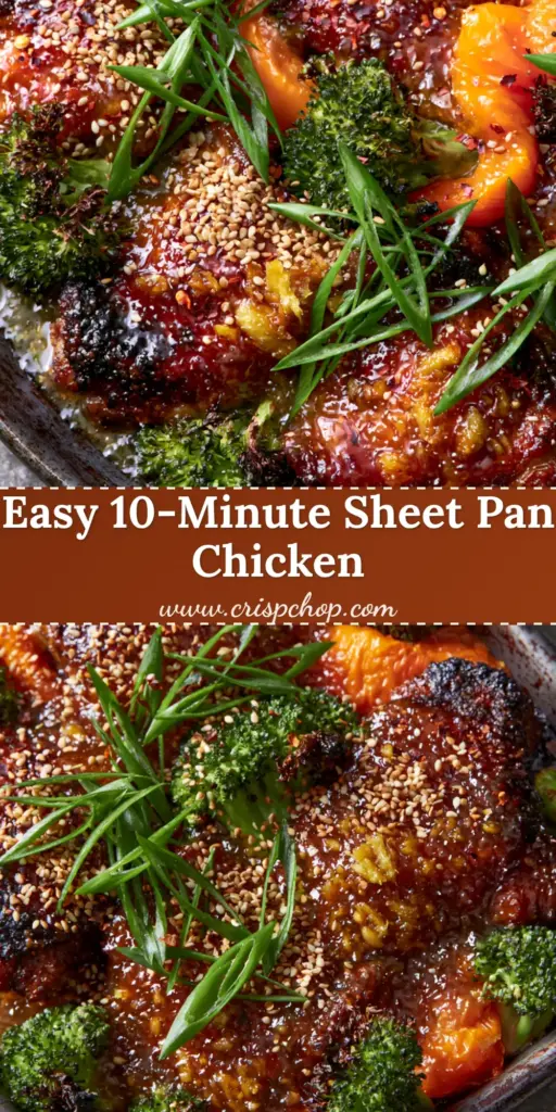 A close-up of Ginger Garlic Chicken Thigh Bake on a dark metal sheet pan with charred broccoli and orange bell peppers.