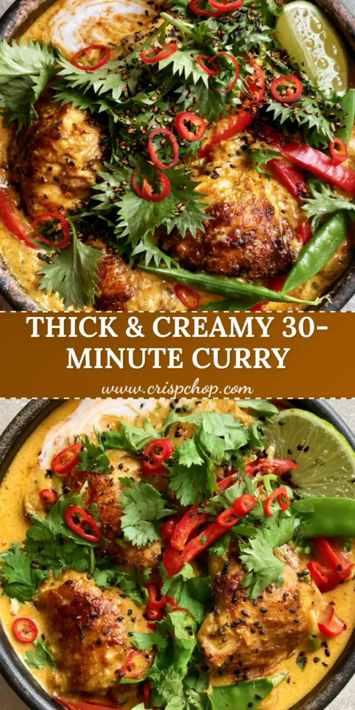 A top-down view of Coconut Curry Chicken in a matte black pot with a creamy coconut swirl, red peppers, and green snap peas.