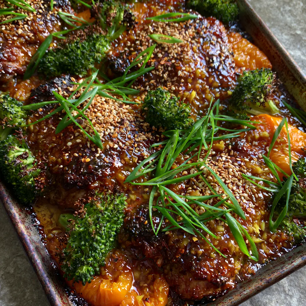 Extreme top-down view of Ginger Garlic Chicken Thigh Bake showing caramelized edges and translucent glaze.