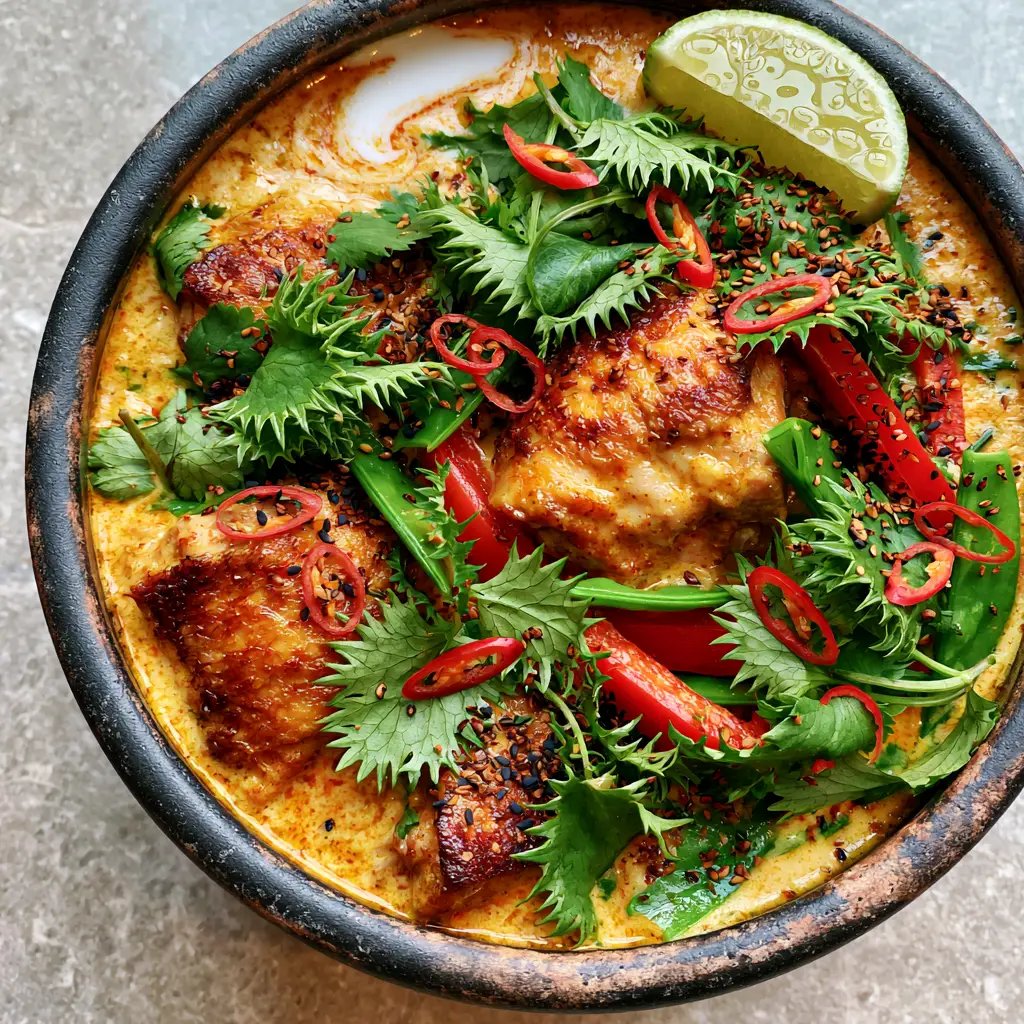 Close-up of golden-orange coconut curry chicken sauce with visible cream swirl and seared chicken chunks. (Coconut Curry Chicken)