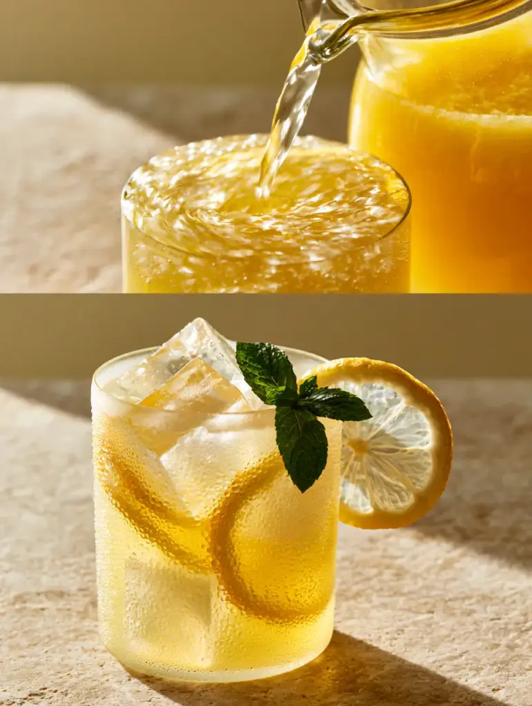 Close-up of translucent pale yellow lemonade in a glass with heavy water droplets and a green mint sprig.