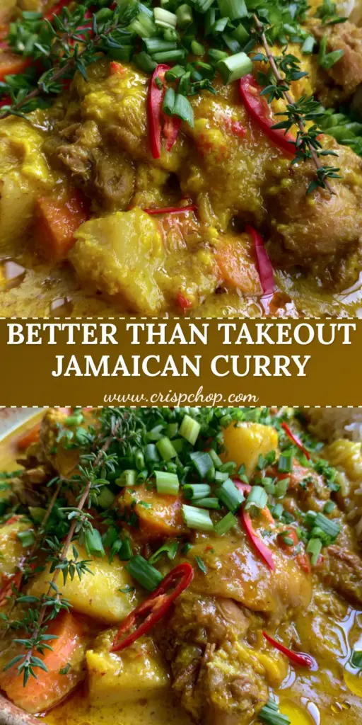 A shallow rustic ceramic bowl featuring the Jamaican Curry Chicken Recipe with golden gravy, potatoes, and jasmine rice. (Jamaican Curry Chicken Recipe)