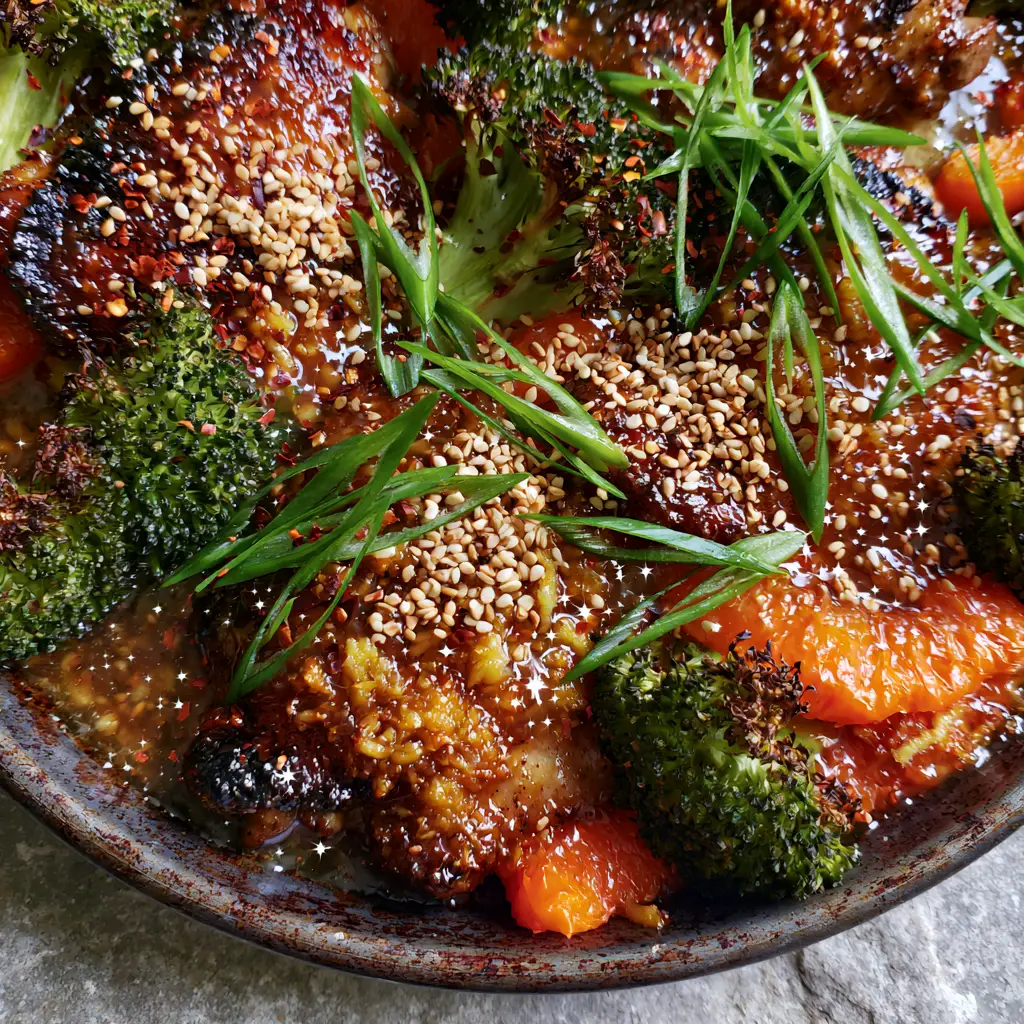 Detail of charred broccoli and blistered orange peppers in the Ginger Garlic Chicken Thigh Bake.