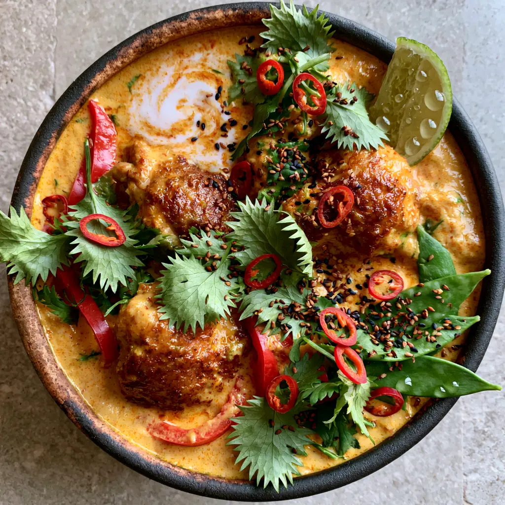 Rustic matte black pot containing Coconut Curry Chicken garnished with fresh cilantro, red chilies, and black sesame seeds.