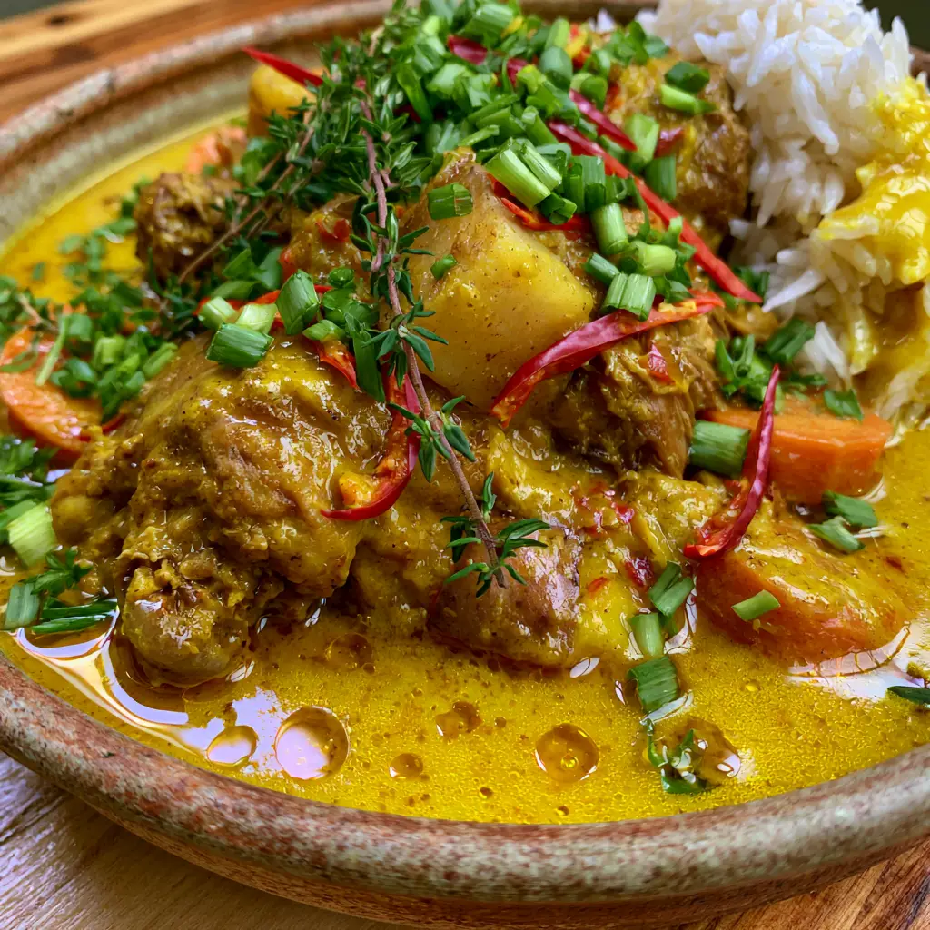 Extreme close-up of glossy golden curry gravy with bone-in chicken and Scotch Bonnet slivers. (Jamaican Curry Chicken Recipe)