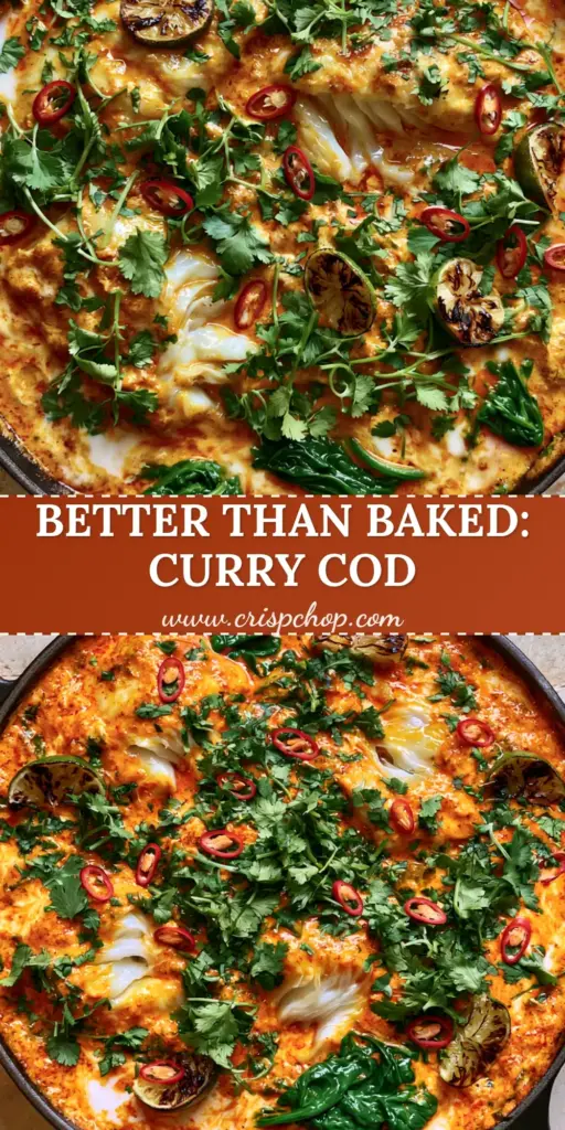 A top-down view of Coconut Curry Cod in a black cast iron skillet with charred limes and cilantro garnishes.
