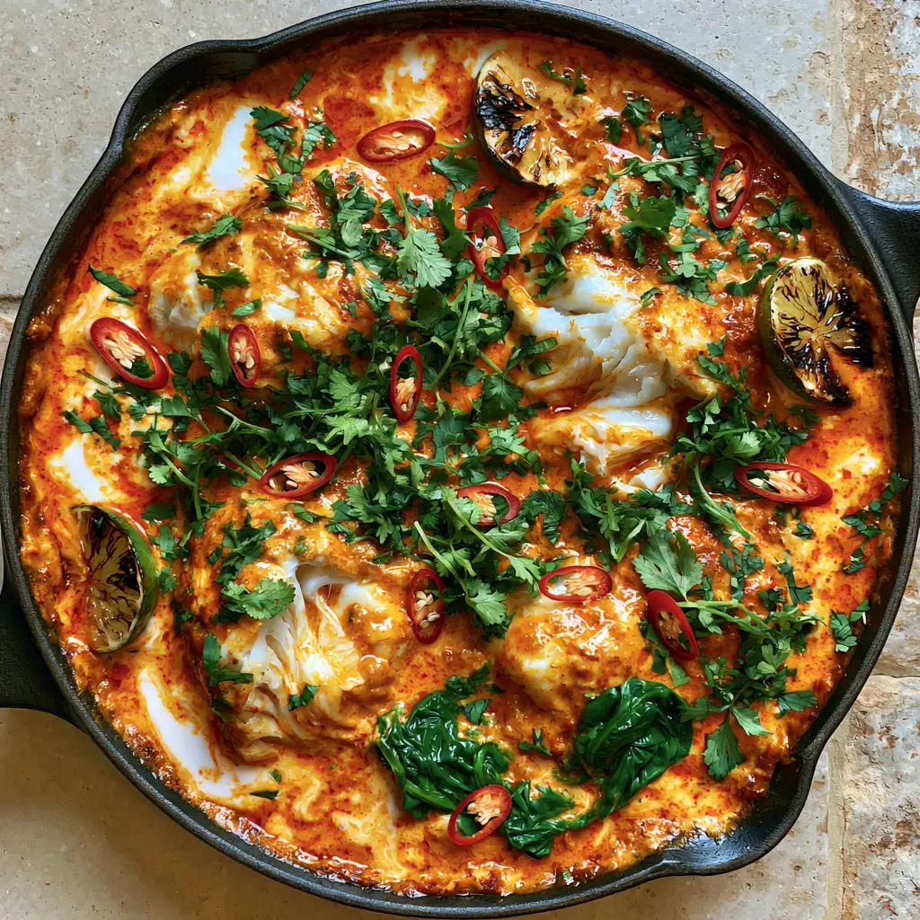 Coconut curry cod garnished with red bird's eye chilies, cilantro, and charred lime wedges in a skillet.