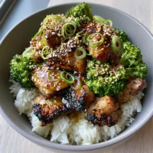 A top-down photo of sticky asian chicken stir-fry in a grey bowl with charred chicken and sesame seeds.