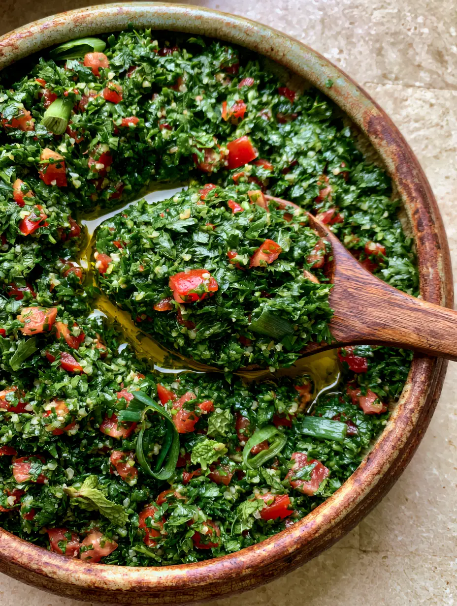 Lebanese Tabbouleh Recipe: The Ultimate Guide to Authentic, Fluffy Emerald Salad 4 Top-down view of a Lebanese tabbouleh recipe in a ceramic bowl with a wooden spoon. (Lebanese tabbouleh recipe)