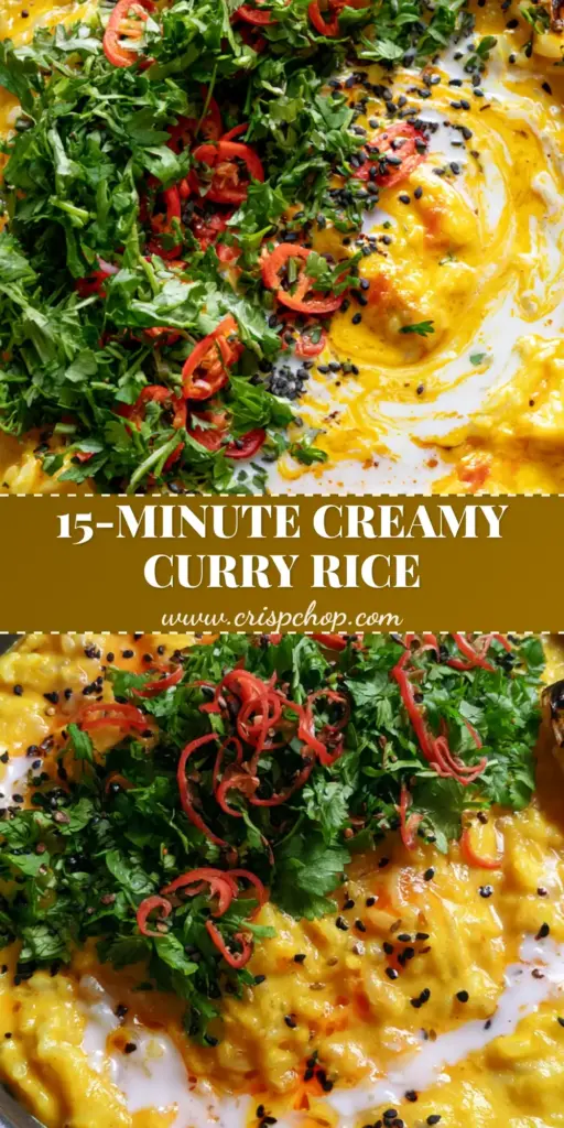 A top-down angled shot of creamy golden-yellow Coconut Curry Rice in a matte charcoal pot, garnished with cilantro, red chilies, and black sesame seeds.