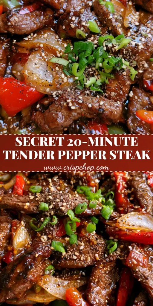 A top-down extreme close-up of Pepper Steak featuring glossy beef strips, red and green bell peppers, and sesame seeds in a dark bowl. (Pepper Steak)