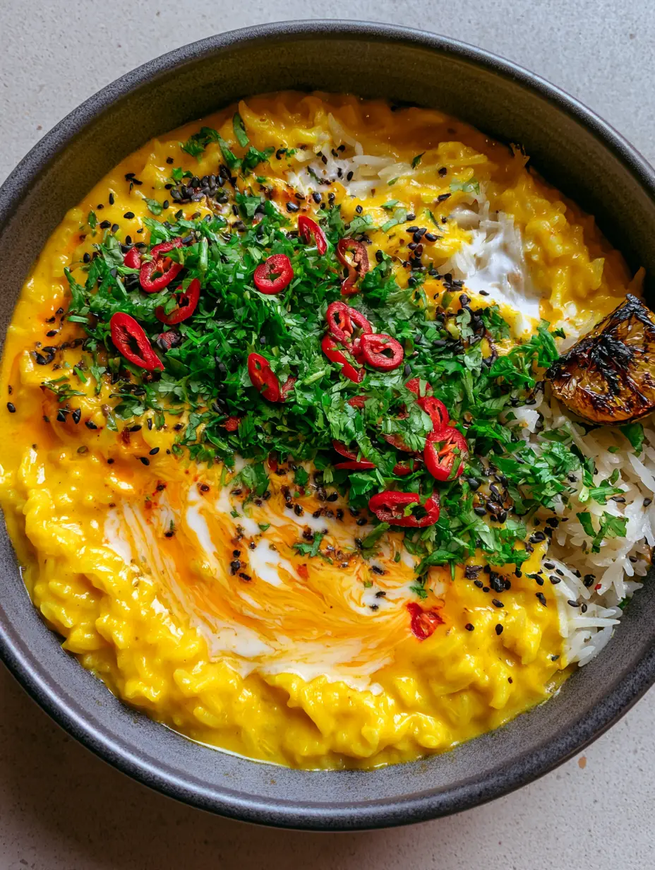 Close-up of golden jasmine rice coated in a thick curry sauce with ripples of white coconut cream.