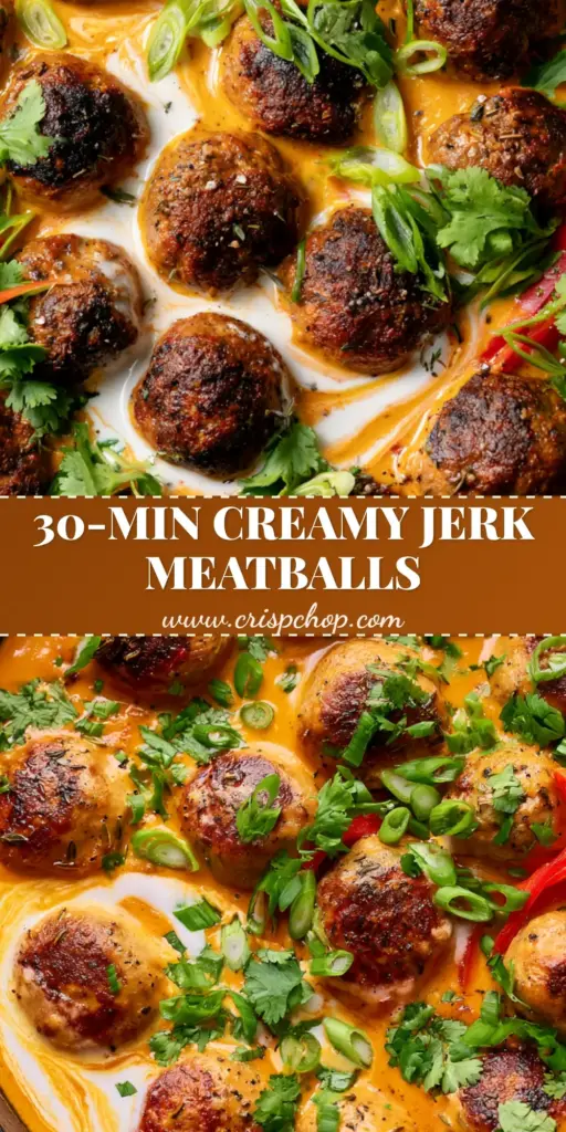 An overhead shot of a cast iron skillet with charred Jerk Meatballs In Coconut Curry Sauce, garnished with red peppers, scallions, and cilantro.