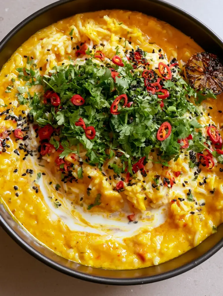 Top-down view of Coconut Curry Rice garnished with bright green cilantro and paper-thin red bird's eye chili slices.