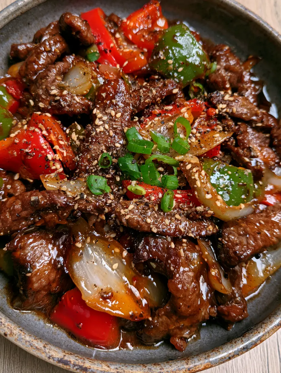 Extreme close-up of sizzling Pepper Steak with charred onion petals and cracked black pepper. (Pepper Steak)