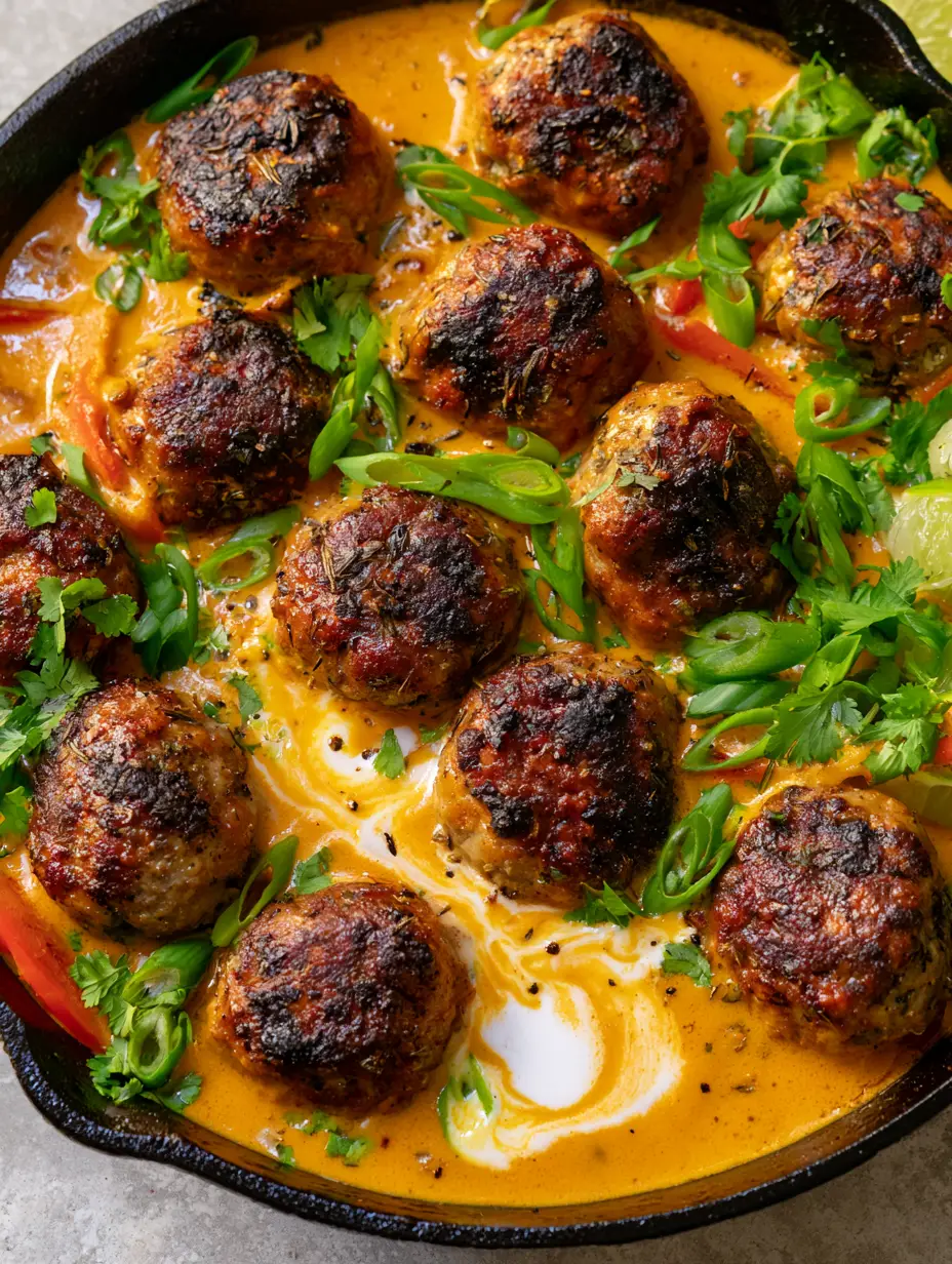 Close-up of seared jerk meatballs with visible black pepper flecks in a thick golden-orange curry sauce. (Jerk Meatballs In Coconut Curry Sauce)