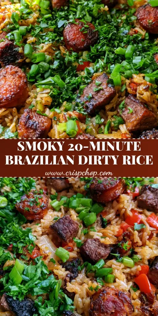 A top-down shot of Brazilian dirty rice in a cast iron skillet with charred picanha, linguica, and fresh parsley garnish.