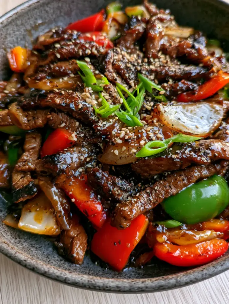 Top-down view of Pepper Steak in a rustic grey bowl showing the glossy dark amber soy glaze and scallion garnish. (Pepper Steak)