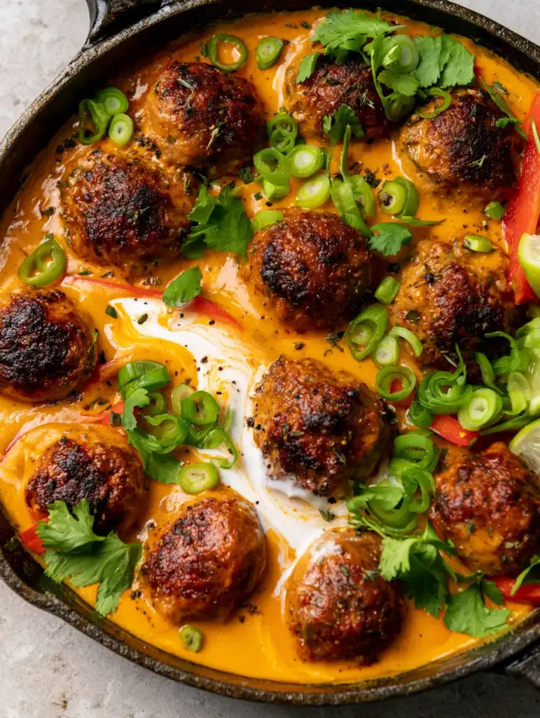 Glossy golden coconut curry sauce with a swirl of white coconut milk and green cilantro garnishes. (Jerk Meatballs In Coconut Curry Sauce)