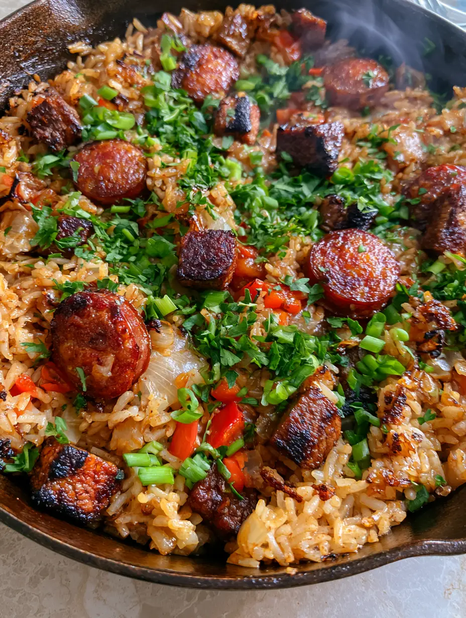 Macro view of fluffy golden-brown Brazilian dirty rice featuring seared linguica sausage and charred beef.