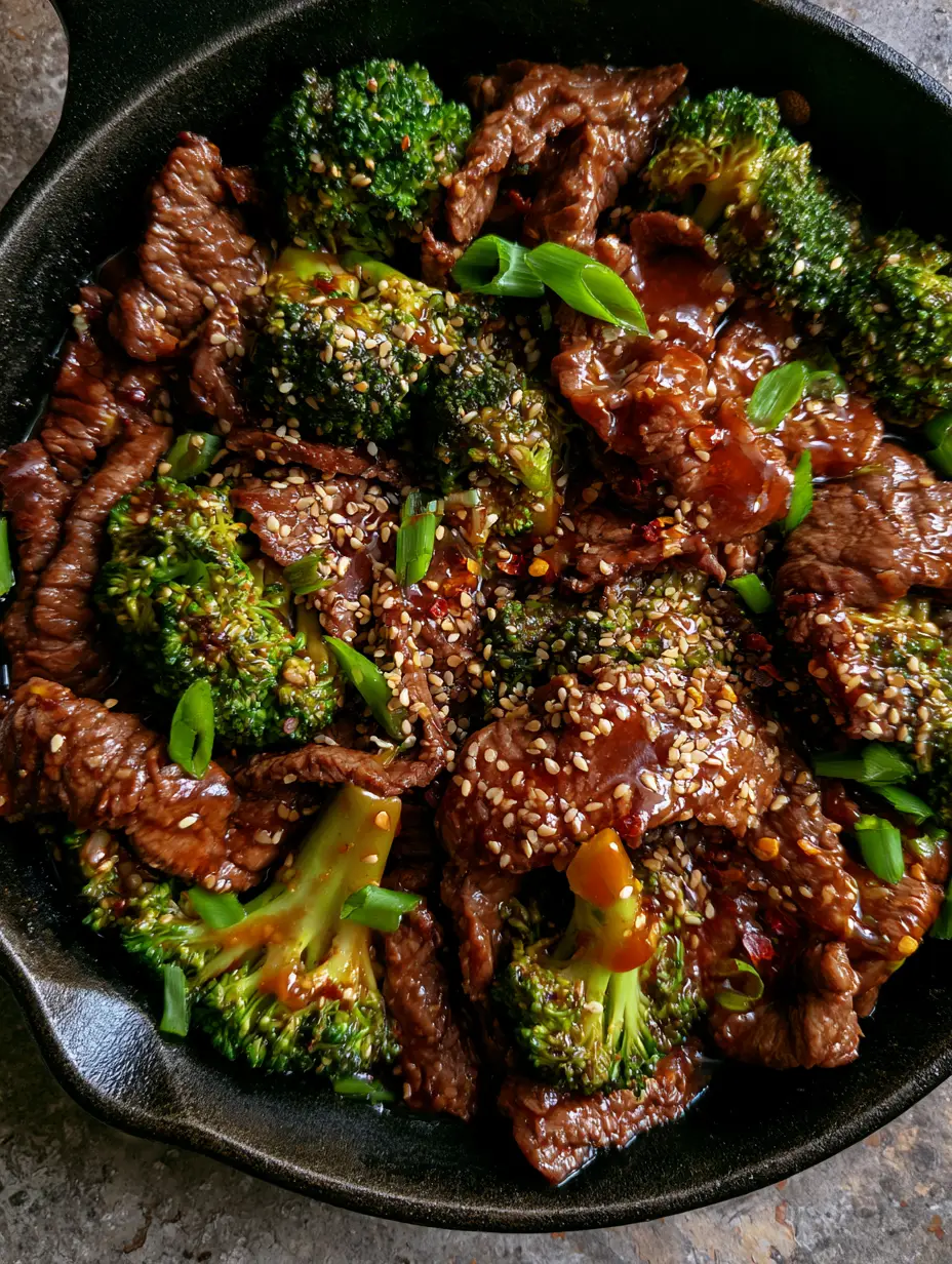 Close up of velveted flank steak ribbons and bright green broccoli florets in a dark ginger garlic sauce. (beef and broccoli)