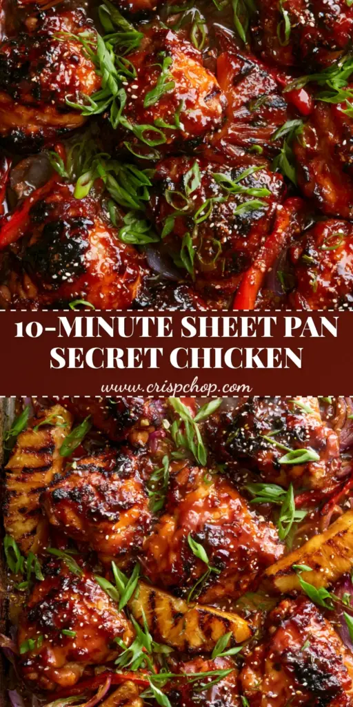 Huli Huli Chicken Recipe: The Ultimate Sticky Hawaiian Sheet Pan Feast 3 Overhead view of a dark metal sheet pan filled with glazed Huli Huli Chicken thighs, charred pineapple, and red peppers garnished with scallions.