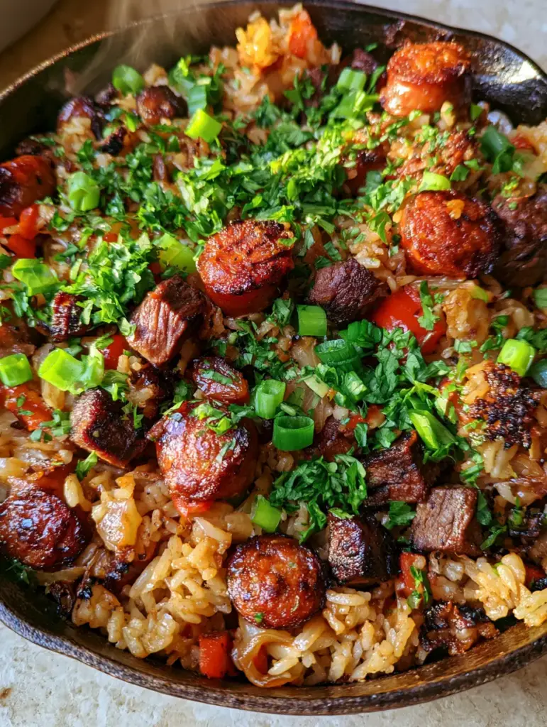 Rustic cast iron skillet filled with Brazilian dirty rice, showing steam rising and crispy rice grains at the edges.
