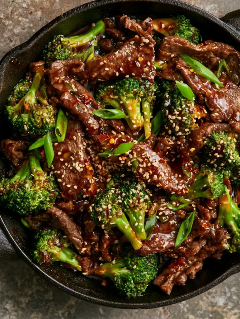 Top down macro shot of beef and broccoli with red pepper flakes and chili oil glistening on the sauce.