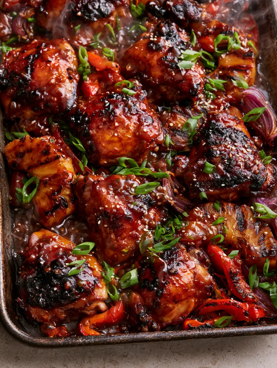 Huli Huli Chicken Recipe: The Ultimate Sticky Hawaiian Sheet Pan Feast 4 Succulent chicken thighs with a bubbling mahogany glaze and charred pineapple wedges on a rustic metal pan. (Huli Huli Chicken)