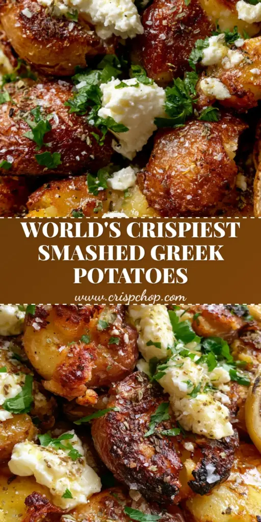 Smashed Greek Potatoes with Crispy Garlic Oil and Creamy Feta 4 A towering heap of smashed Greek potatoes with charred golden edges, white feta crumbles, and fresh green parsley on a rustic plate. (smashed Greek potatoes)