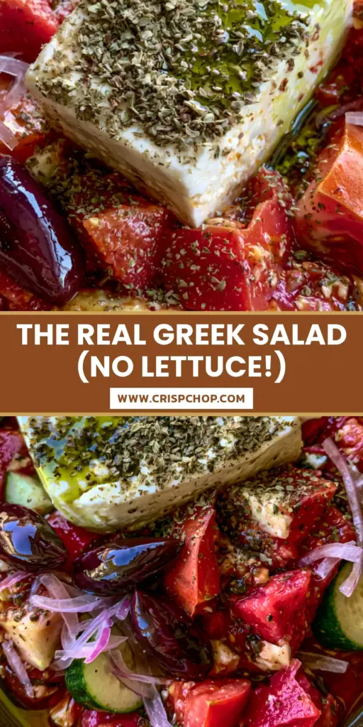 A rustic clay bowl filled with chunky heirloom tomatoes, Persian cucumbers, and a large slab of feta cheese sprinkled with oregano. (Greek salad recipe)
