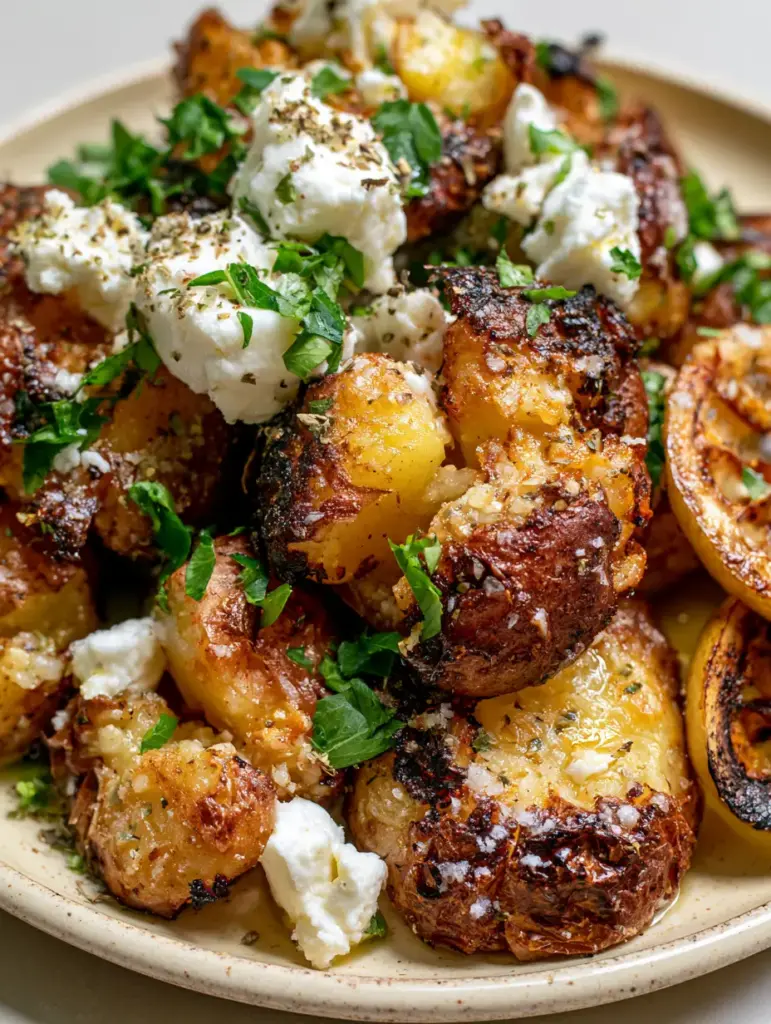 Smashed Greek Potatoes with Crispy Garlic Oil and Creamy Feta 2 Close-up of smashed Greek potatoes showing the intense charred textures and flaky sea salt. (smashed Greek potatoes)