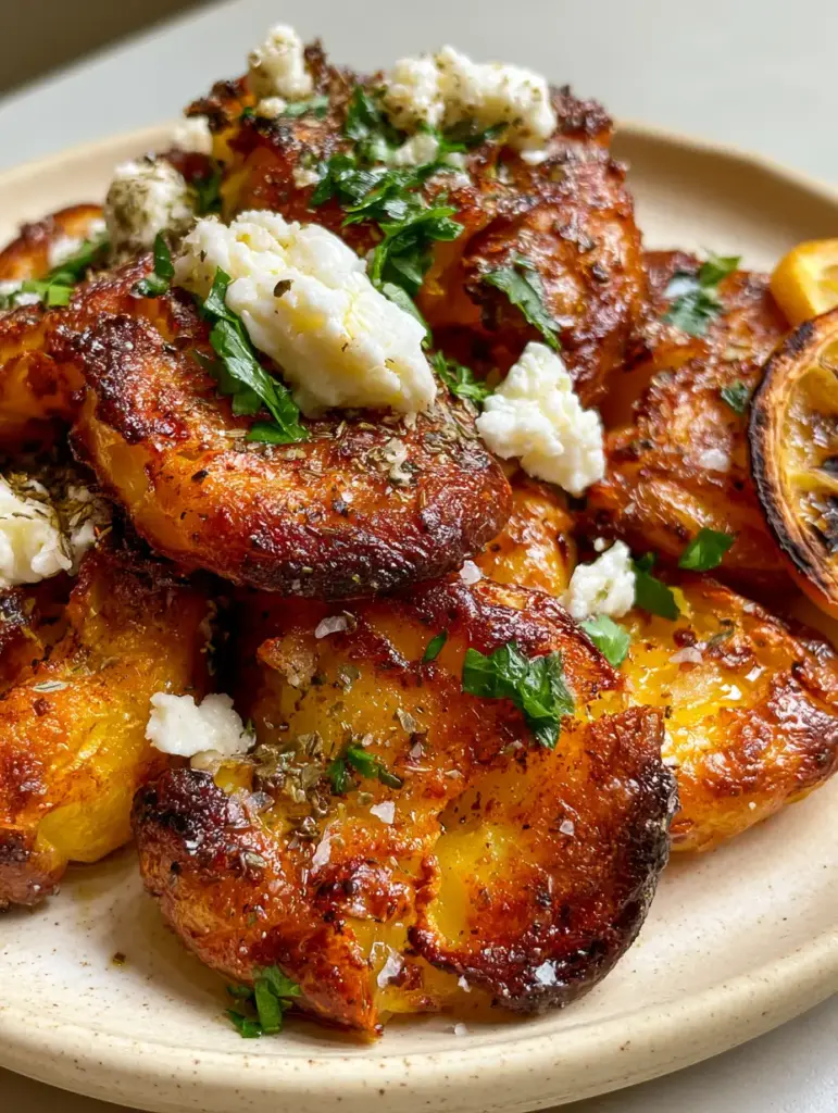 Smashed Greek Potatoes with Crispy Garlic Oil and Creamy Feta 1 Smashed Greek potatoes garnished with creamy feta cheese crumbles and charred lemon slices.