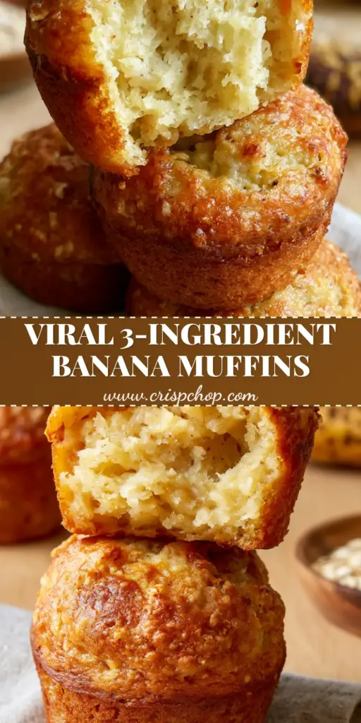 A stack of three tall bakery-style banana muffins on a rustic linen napkin with golden caramelized domes. (banana muffins)