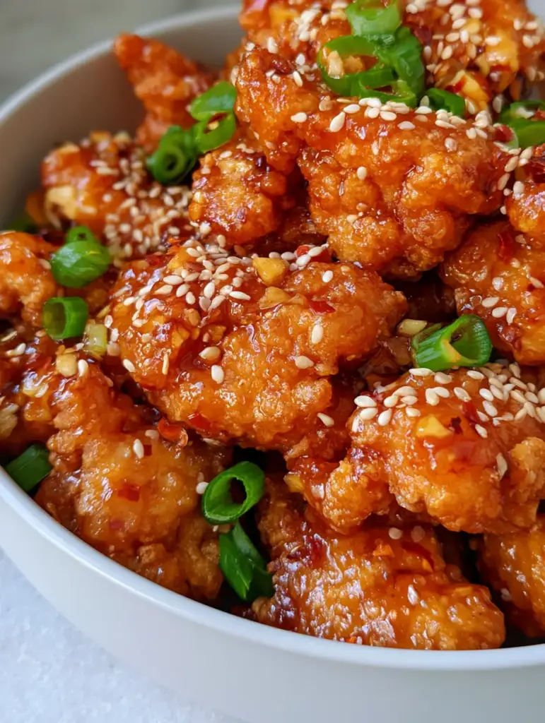Honey Glazed Chicken Bites: The Secret to Extra Crispy Garlic Ginger Perfection 2 A handheld photo showing the deep golden-brown crags and peaks of Honey Glazed Chicken Bites coated in a thick honey sauce.