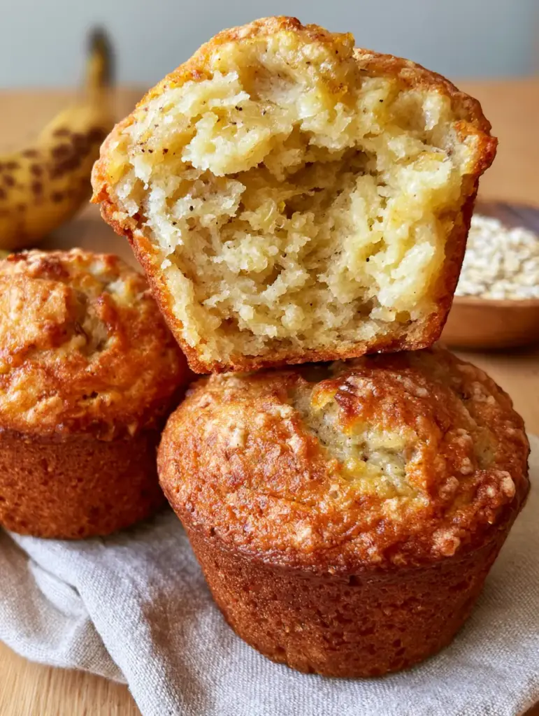 Macro close-up of a banana muffin pulled apart to reveal steaming, moist golden interior crumb. (banana muffins)