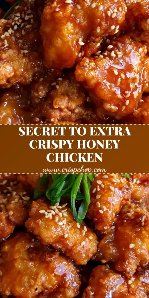 A close-up of extra crispy Chinese Honey Chicken with a glossy amber glaze, toasted sesame seeds, and scallions in a matte bowl.