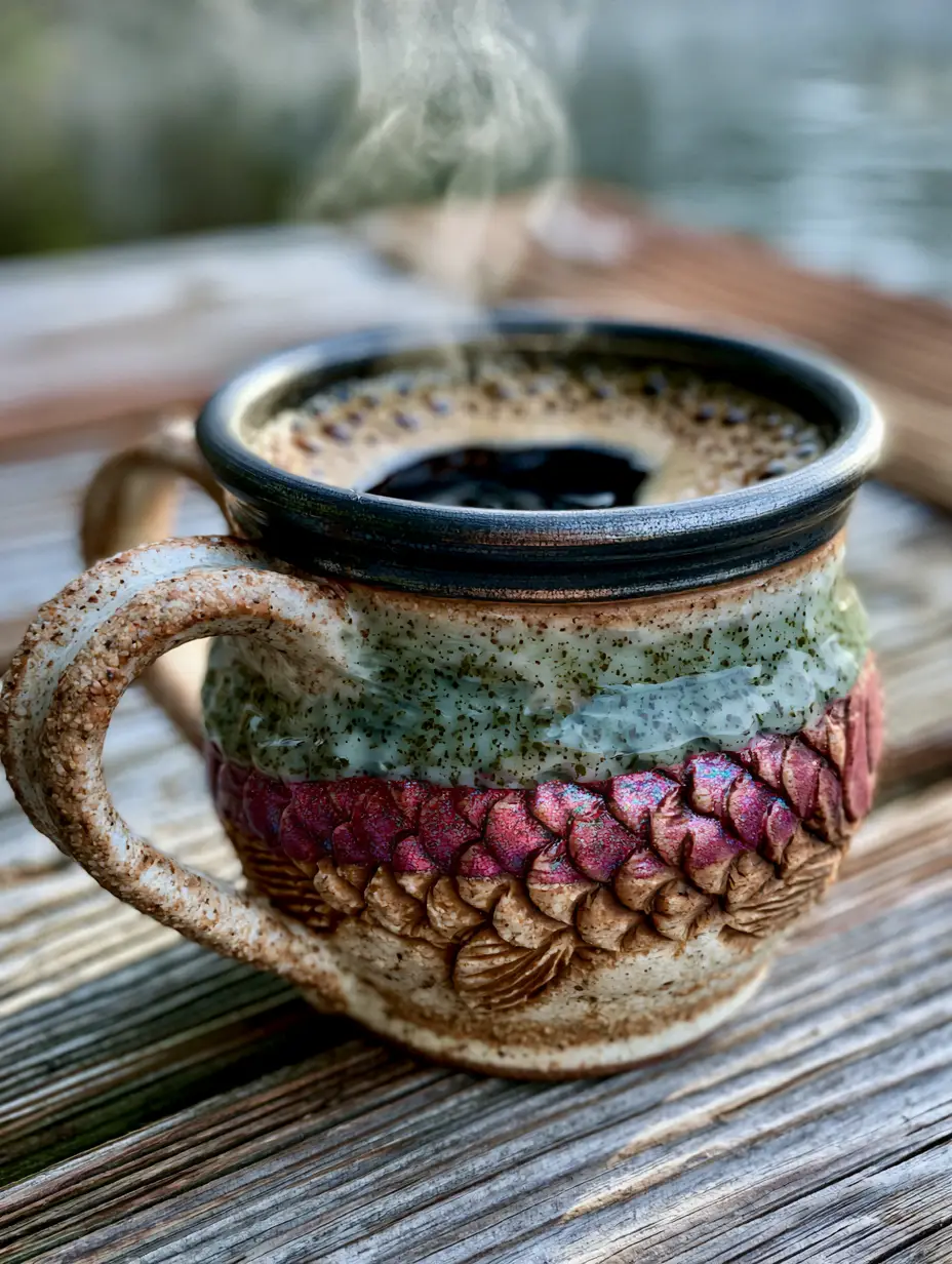 Close up of a rainbow trout mug showing the iridescent fuchsia glaze and moss-green speckles.