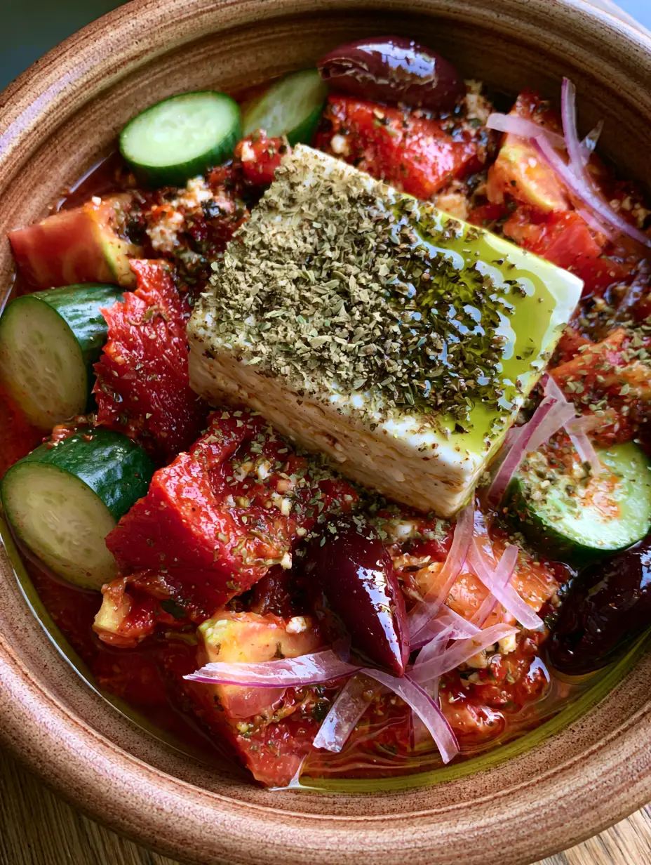 Top-down view of an authentic Greek salad with jagged red tomatoes and translucent red onions. (Greek salad recipe)