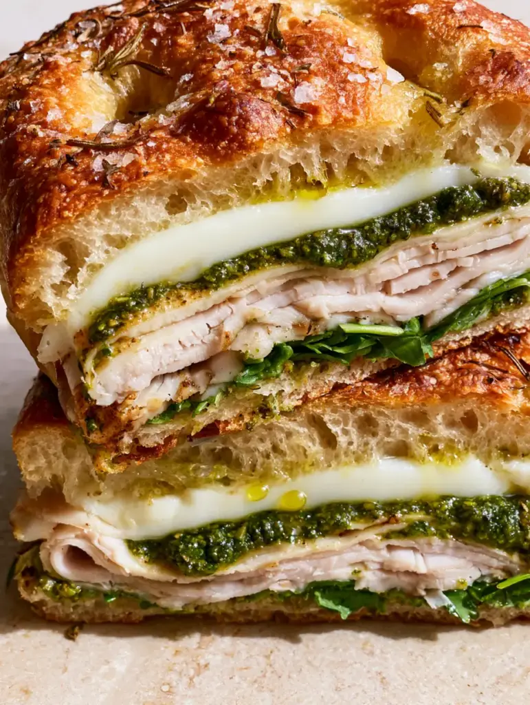Detailed view of the layered Italian Turkey Focaccia Sandwiches featuring folded turkey ribbons, pesto glaze, and thick mozzarella. (Italian Turkey Focaccia Sandwiches)