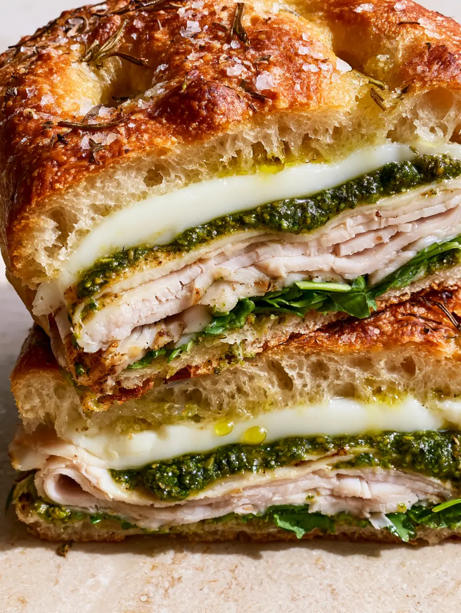 Italian Turkey Focaccia Sandwiches with Fresh Mozzarella and Basil Pesto 3 Detailed view of the layered Italian Turkey Focaccia Sandwiches featuring folded turkey ribbons, pesto glaze, and thick mozzarella. (Italian Turkey Focaccia Sandwiches)