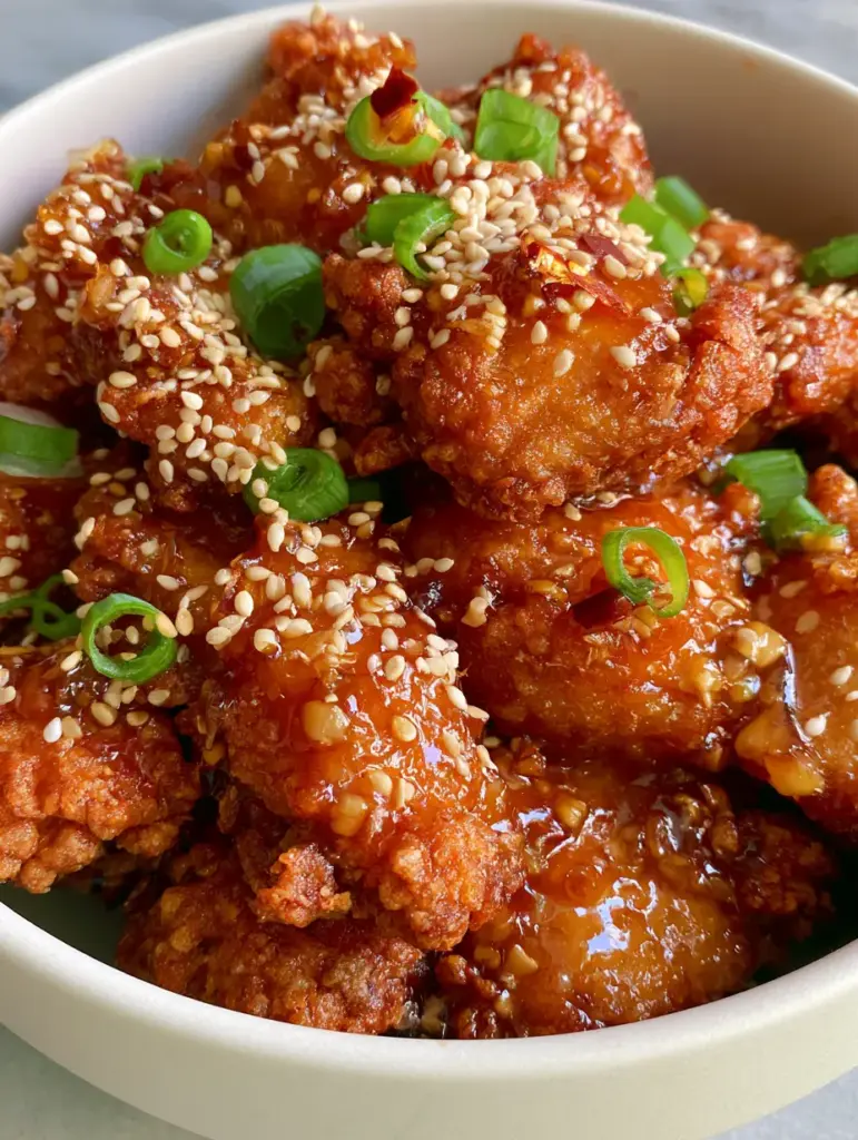 Honey Glazed Chicken Bites: The Secret to Extra Crispy Garlic Ginger Perfection 1 Honey Glazed Chicken Bites in a matte white ceramic bowl with visible garlic bits and toasted sesame seeds.