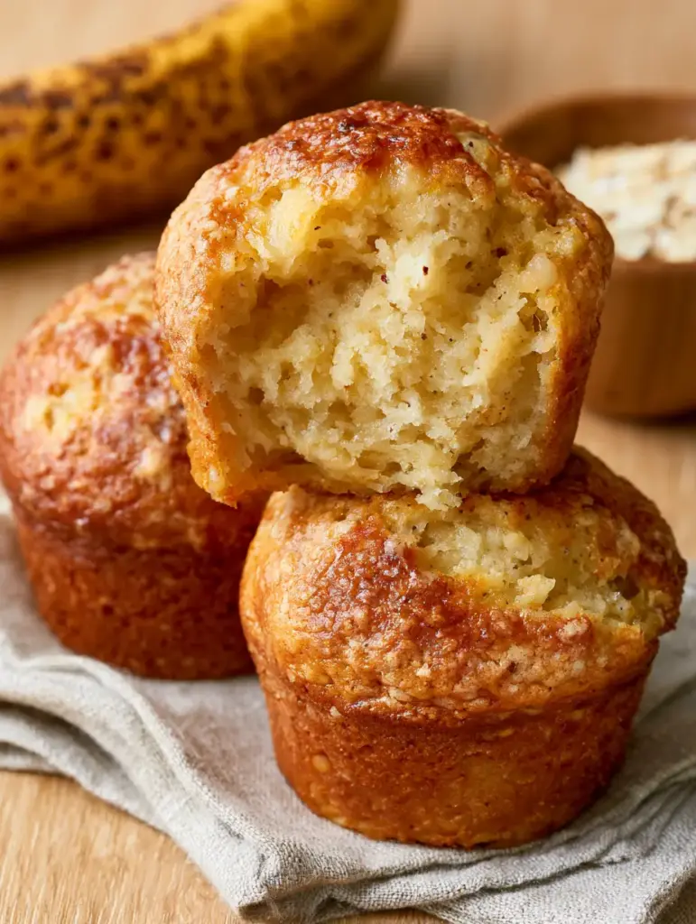 Three banana muffins stacked with visible banana specks and a light oat flour dusting. (banana muffins)