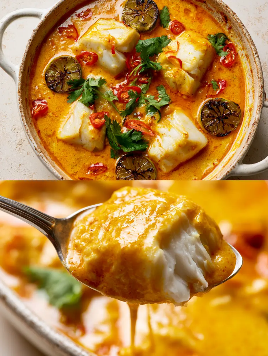 A professional food photography split-screen showing a top-down view of Thai coconut cod curry in a skillet and a macro close-up of a cod flake on a spoon.