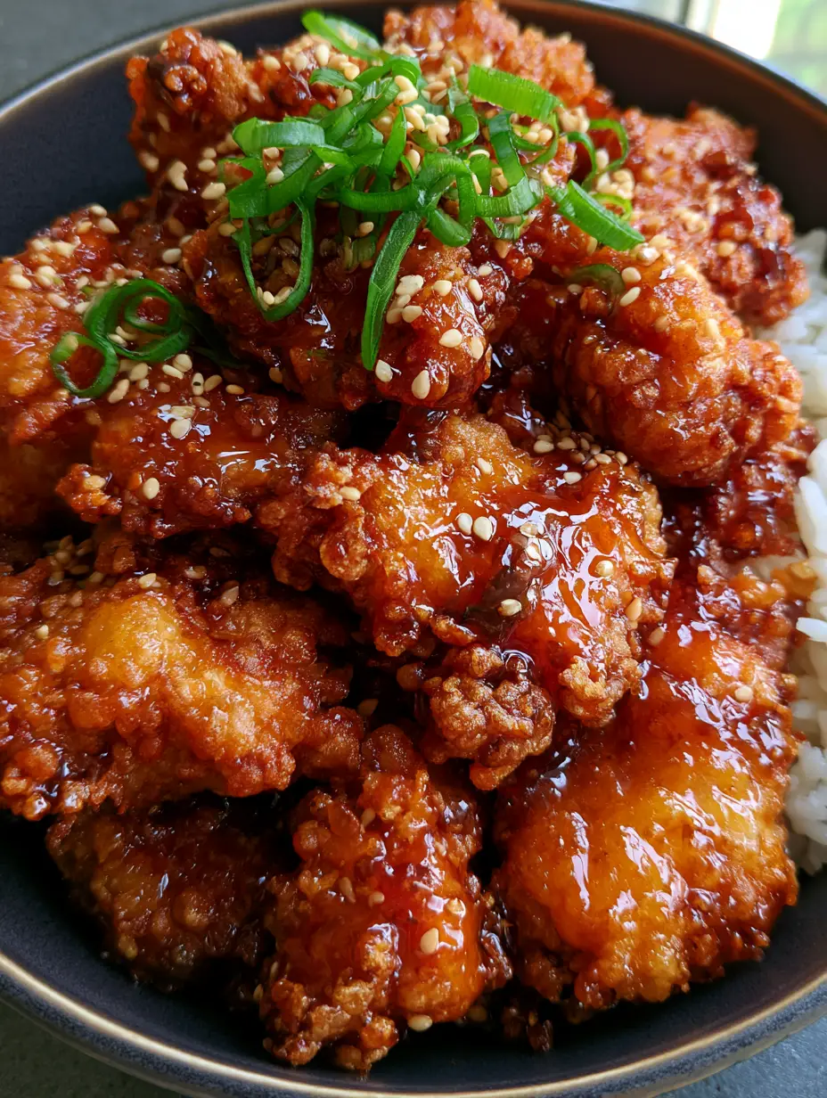 Top-down view of golden-brown Chinese Honey Chicken pieces with high-gloss translucent glaze and green scallion garnish.