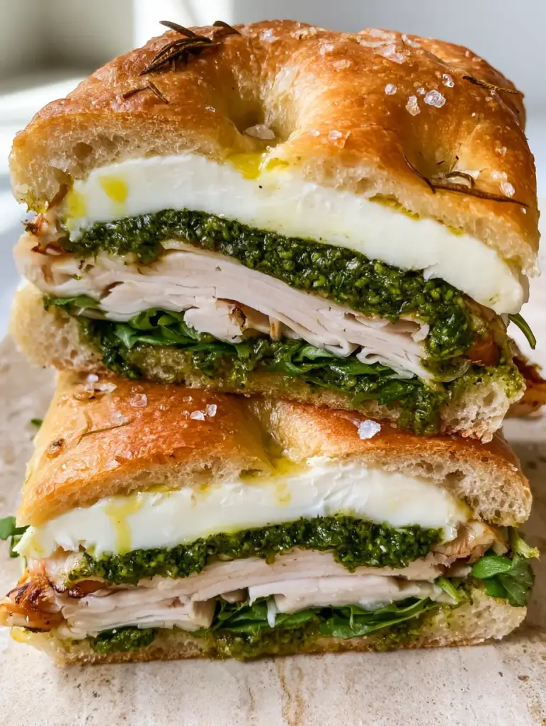 Italian Turkey Focaccia Sandwiches with Fresh Mozzarella and Basil Pesto 1 Sliced Italian Turkey Focaccia Sandwiches showing the airy crumb of the rosemary bread and the arugula filling.