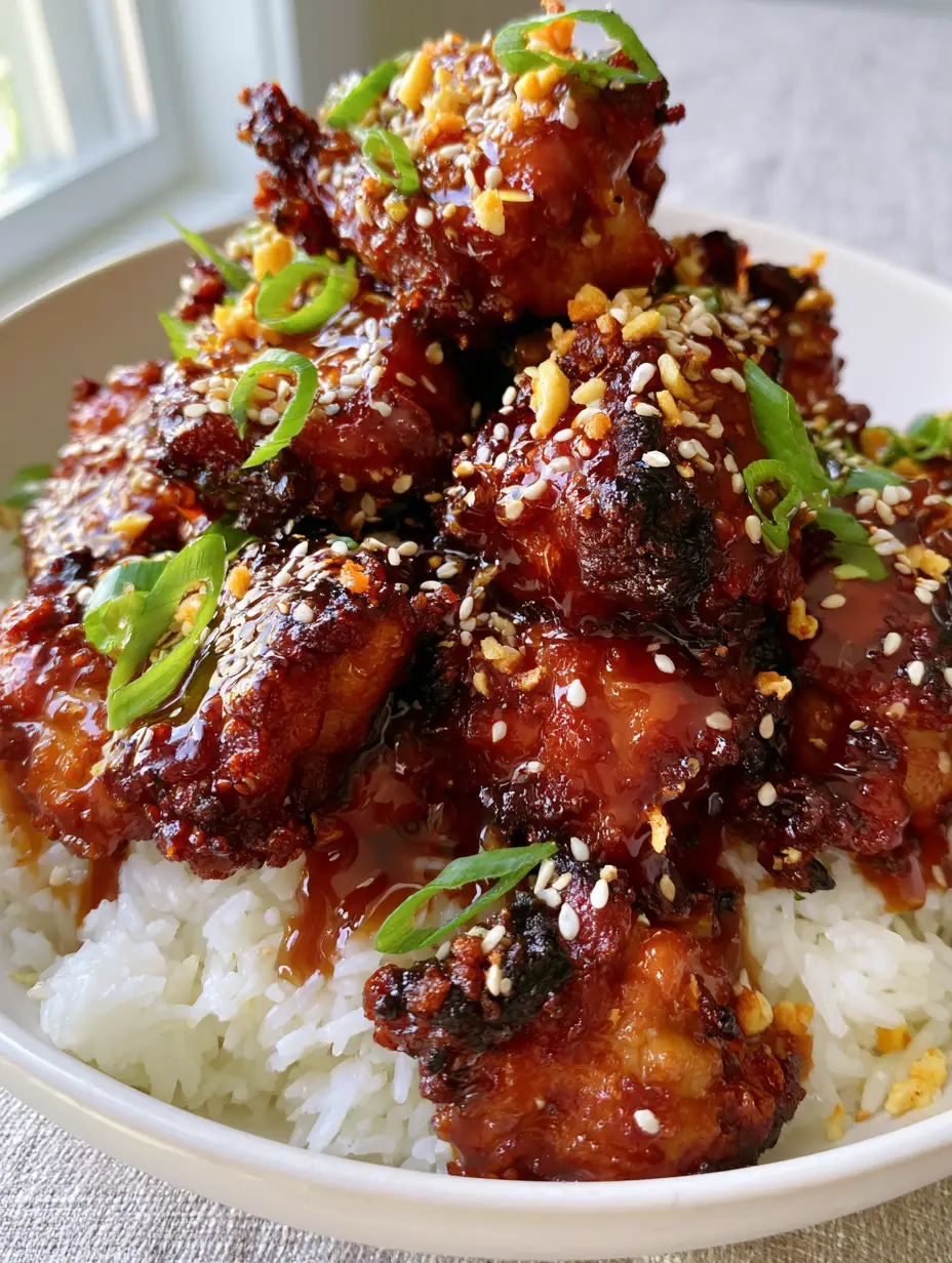 Honey Chicken with Crispy Garlic and Mahogany Glaze over Jasmine Rice 3 High-angle view of crispy seared chicken pieces in a white bowl coated in thick honey garlic sauce. (Honey Chicken)