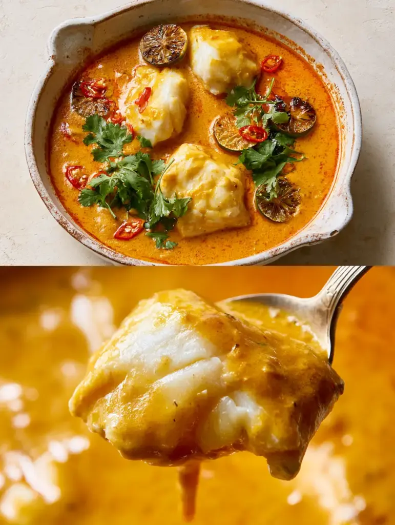 Close up shot of Thai coconut cod curry showing steam wisps, thin red chili slices, and fresh cilantro garnish.