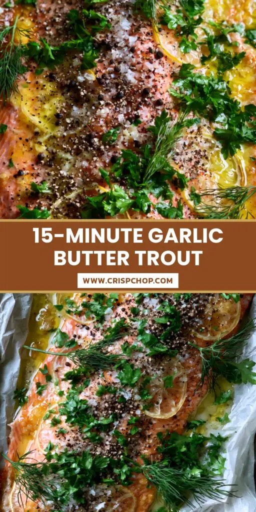 Baked Rainbow Trout with Garlic Butter and Fresh Herbs 4 A whole flaky baked rainbow trout fillet on a dark metal sheet pan with garlic butter and lemon slices.