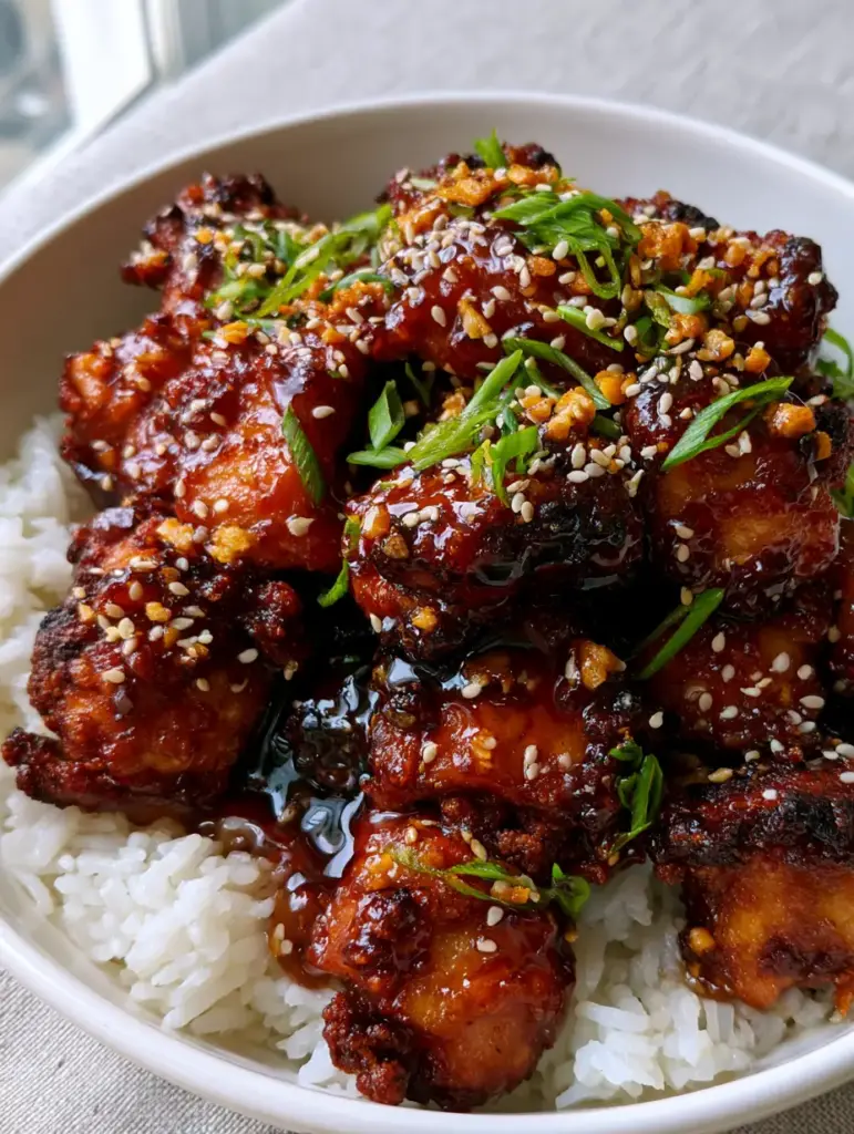 Honey Chicken with Crispy Garlic and Mahogany Glaze over Jasmine Rice 1 Detailed shot of glistening mahogany glaze dripping off honey chicken bites garnished with sesame seeds and scallions.
